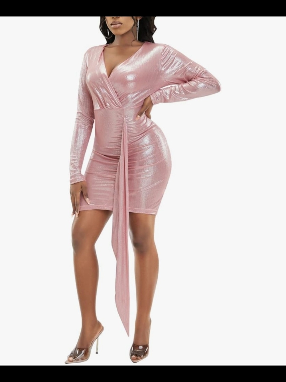 Metallic Pink Ruched Wrap Mini Dress | Long Sleeve | Party Club Dress | Size 2XL